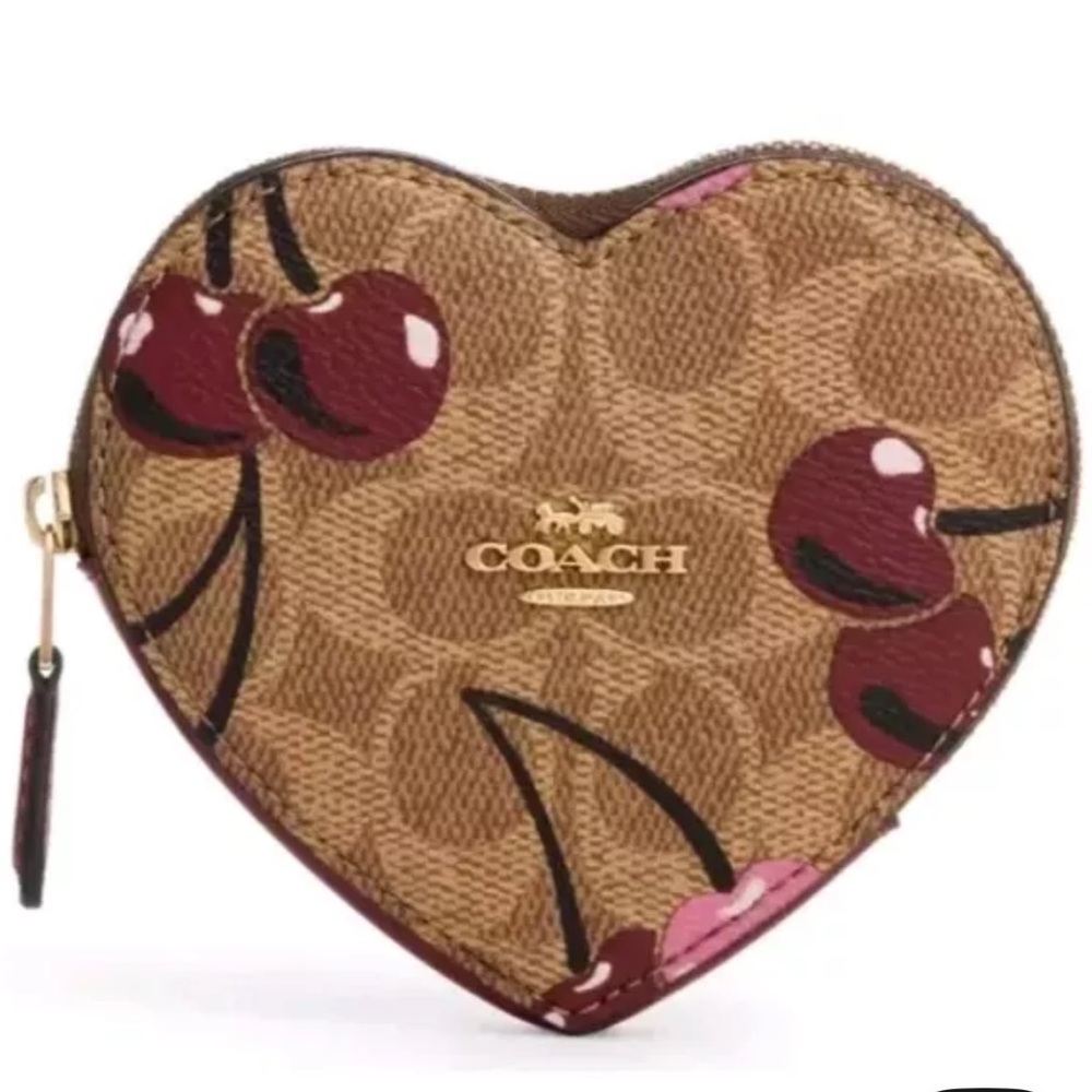 Coach Heart Coin Case in Signature Canvas With Cherry Print